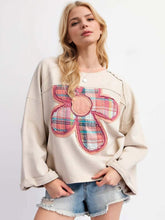 Load image into Gallery viewer, Flower Patch Plaid Round Neck Long Sleeve T-Shirt