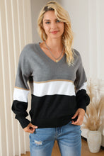 Load image into Gallery viewer, Color Block V Neck Long Sleeve Sweater