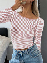 Load image into Gallery viewer, Devine Backless Striped Boat Neck Long Sleeve T-Shirt