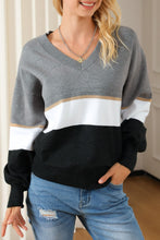Load image into Gallery viewer, Color Block V Neck Long Sleeve Sweater