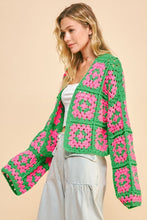 Load image into Gallery viewer, Davi &amp; Dani Full Size Two Tone Flower Square Crochet Open Front Cardigan
