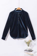 Load image into Gallery viewer, Frill Half Button Mock Neck Long Sleeve Blouse
