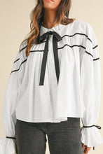 Load image into Gallery viewer, Ribbon Bowtie Collared Neck Flounce Sleeve Shirt
