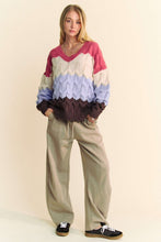 Load image into Gallery viewer, Davi &amp; Dani Wavy Texture Color Block V-Neck Sweater
