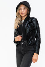 Load image into Gallery viewer, Snobbish Faux Leather Zip Up Drawstring Hooded Jacket
