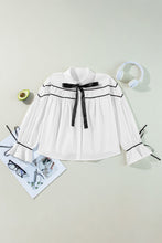 Load image into Gallery viewer, Ribbon Bowtie Collared Neck Flounce Sleeve Shirt
