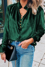 Load image into Gallery viewer, Frill Half Button Mock Neck Long Sleeve Blouse
