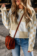 Load image into Gallery viewer, Checkered Round Neck Drop Shoulder Sweater
