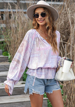 Load image into Gallery viewer, Printed Tie Neck Flounce Sleeve Blouse
