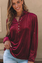 Load image into Gallery viewer, Frill Half Button Mock Neck Long Sleeve Blouse
