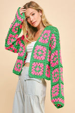 Load image into Gallery viewer, Davi &amp; Dani Full Size Two Tone Flower Square Crochet Open Front Cardigan
