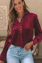 Load image into Gallery viewer, Frill Half Button Mock Neck Long Sleeve Blouse
